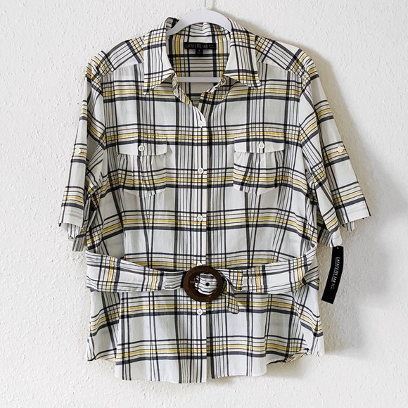 Lafayette 148 New York Tops - Lafayette 148 Plaid Belted Button Down Shirt